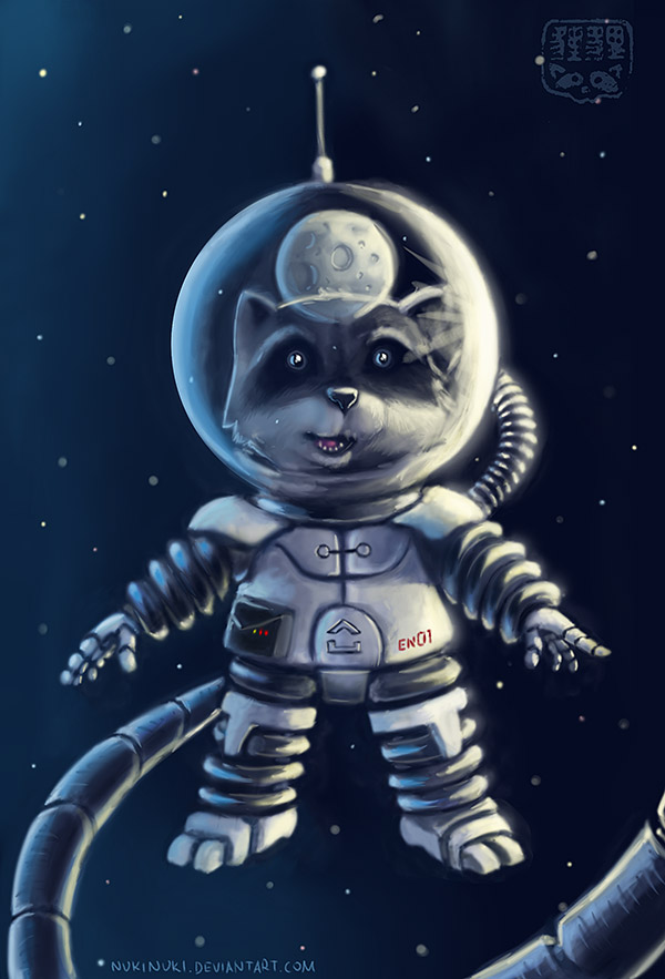 2012 anthro astronaut fur grey_fur humanoid_hands mammal moon nukinuki procyonid raccoon solo space