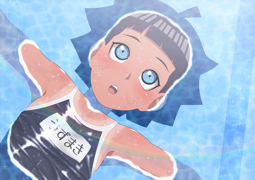 1girl :o afloat ahoge bangs bare_shoulders black_hair black_swimsuit blue_eyes blunt_bangs blush boruto:_naruto_next_generations eeshin_(eishin5584) facial_mark from_above looking_away looking_up name_tag naruto_(series) outstretched_arms school_swimsuit shiny shiny_clothes shiny_hair short_hair solo sparkle spiked_hair spread_arms swimsuit tan upper_body upper_teeth uzumaki_himawari water wet whisker_markings