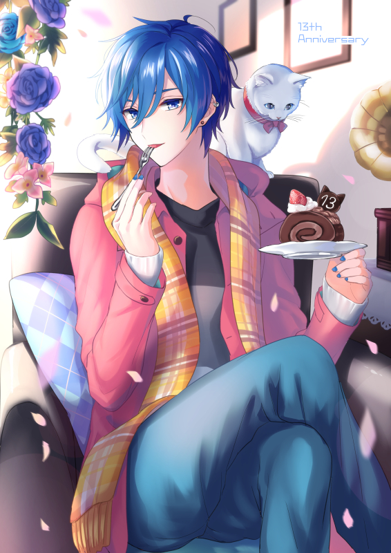 1boy akiyoshi_(tama-pete) anniversary blue_eyes blue_hair cake cat chocolate commentary cowboy_shot crossed_legs cushion doily earrings flower food fork fork_in_mouth fruit head_tilt holding holding_fork holding_plate indoors jacket jewelry kaito leaf looking_at_viewer male_focus neck_ribbon pants petals phonograph picture_frame plaid plaid_scarf plate ribbon scarf seat short_hair sitting strawberry swiss_roll vocaloid whipped_cream