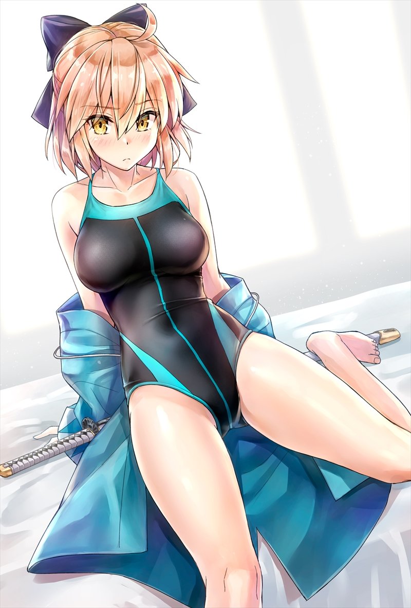 1girl ahoge barefoot black_bow black_swimsuit blue_kimono bow breasts collarbone commentary_request competition_swimsuit cosplay fate/grand_order fate_(series) hair_bow japanese_clothes katana kimono koha-ace kotatsu_(kotatsu358) looking_at_viewer medium_breasts miyamoto_musashi_(fate/grand_order) miyamoto_musashi_(fate/grand_order)_(cosplay) okita_souji_(fate) okita_souji_(fate)_(all) one-piece_swimsuit open_clothes open_kimono orange_hair short_hair sitting solo swimsuit sword weapon yellow_eyes