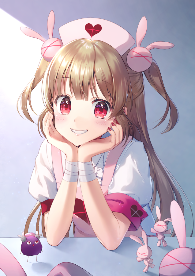 &gt;_&lt; 1girl apron arm_support armband bandaged_arm bandages bangs blush brown_hair bunny_hair_ornament chair commentary_request eyebrows_visible_through_hair fingernails grin hair_ornament head_in_hand heart long_hair looking_at_viewer momoshiki_tsubaki nail_polish natori_sana pink_apron puffy_short_sleeves puffy_sleeves red_eyes red_nails saana-kun sana_channel shirt short_sleeves smile stuffed_animal stuffed_bunny stuffed_toy two_side_up upper_body virtual_youtuber white_shirt