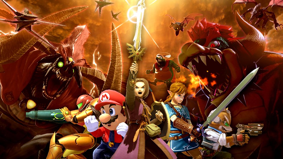 1girl 6+boys arm_cannon armor bat_wings battle blue_eyes bowser commentary_request demon_horns donkey_kong_(series) dragon_quest dragon_quest_xi dragon_wings fighting_stance flying fox_mccloud ganon giga_bowser glowing glowing_eyes green_eyes gun hero_(dq11) holding holding_gun holding_sword holding_weapon horns king_k._rool kirby_(series) link mario mario_(series) mask meta_knight metroid multiple_boys official_art open_mouth red_eyes ridley samus_aran sharp_teeth space_craft star_fox super_smash_bros. sword teeth the_legend_of_zelda the_legend_of_zelda:_breath_of_the_wild weapon wings wolfen yellow_eyes