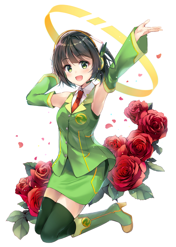 1girl :d armpits arms_up banned_artist bare_shoulders black_hair blush boots breasts buttons collared_shirt detached_sleeves flower green_eyes green_footwear green_legwear green_shirt green_skirt headphones high_heel_boots high_heels knee_boots kyoumachi_seika legs_up long_sleeves looking_at_viewer necktie official_art open_mouth outstretched_arm pencil_skirt red_flower red_neckwear rose shirt short_hair skirt small_breasts smile solo suihi thighhighs undershirt voiceroid white_shirt wing_collar zettai_ryouiki