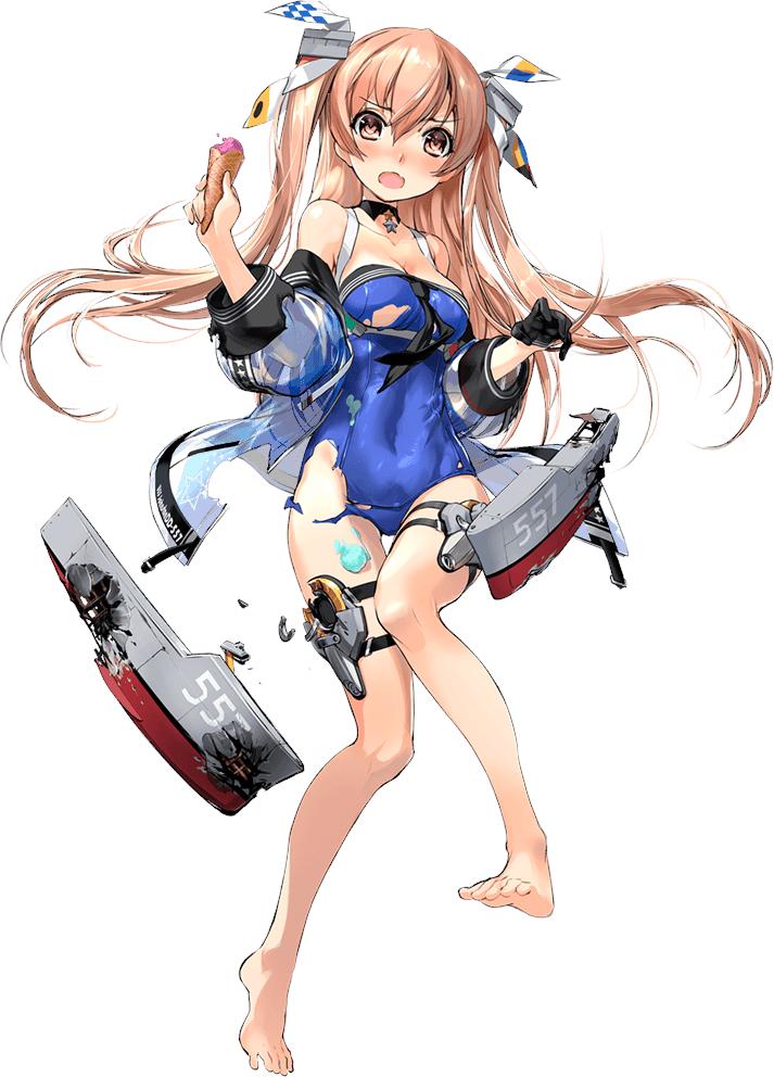 1girl alternate_costume bangs barefoot blue_swimsuit blush breasts brown_eyes choker cleavage covered_navel damaged embarrassed food full_body groin holding holding_food ice_cream_cone jacket johnston_(kantai_collection) kantai_collection light_brown_hair long_hair looking_at_viewer medium_breasts off_shoulder official_art open_mouth rigging sidelocks solo star star_choker swimsuit tachi-e thigh_strap torn_clothes transparent_background two_side_up us_medal_of_honor zeco