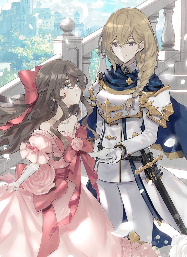 2girls armor bangs bare_shoulders blonde_hair blush braid breastplate brown_hair capelet colored_eyelashes commentary_request double-breasted dress earrings elbow_gloves formal french_braid frills gloves hair_between_eyes hair_over_shoulder hair_ribbon holding_hand jewelry long_dress long_hair long_sleeves minakata_sunao multiple_girls necklace original pant_suit pants pauldrons petals pink_dress puffy_sleeves purple_eyes ribbon short_sleeves shoulder_armor side_braid skirt_hold smile spaulders stairs suit sword weapon