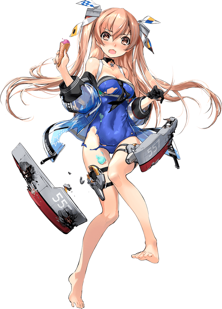 1girl alternate_costume bangs barefoot blue_swimsuit blush breasts brown_eyes choker cleavage covered_navel damaged embarrassed food full_body groin holding holding_food ice_cream_cone jacket johnston_(kantai_collection) kantai_collection light_brown_hair long_hair looking_at_viewer medium_breasts off_shoulder official_art open_mouth rigging sidelocks solo star star_choker swimsuit tachi-e thigh_strap torn_clothes transparent_background two_side_up us_medal_of_honor zeco