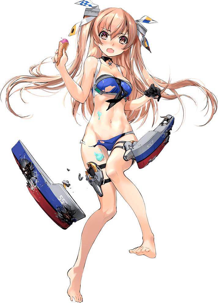 1girl alternate_costume bangs barefoot bikini blue_bikini blush breasts brown_eyes choker cleavage damaged embarrassed food full_body groin holding holding_food ice_cream_cone johnston_(kantai_collection) kantai_collection light_brown_hair long_hair looking_at_viewer medium_breasts navel official_art open_mouth rigging sidelocks solo star star_choker stomach swimsuit tachi-e thigh_strap torn_clothes transparent_background two_side_up us_medal_of_honor zeco