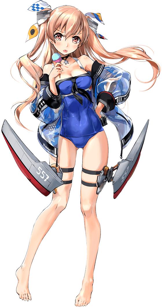 1girl alternate_costume bangs barefoot blue_swimsuit blush breasts brown_eyes choker cleavage commentary_request covered_navel floating_hair food full_body groin hand_on_hip holding holding_food ice_cream_cone jacket johnston_(kantai_collection) kantai_collection light_brown_hair long_hair looking_at_viewer medium_breasts off_shoulder official_art rigging sidelocks solo star star_choker swimsuit tachi-e thigh_strap tongue tongue_out transparent_background two_side_up us_medal_of_honor zeco