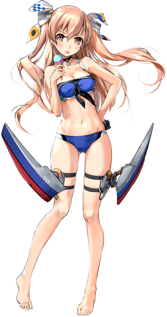 1girl alternate_costume bangs barefoot bikini blue_bikini blush breasts brown_eyes choker cleavage commentary_request floating_hair food full_body groin hand_on_hip holding holding_food ice_cream_cone johnston_(kantai_collection) kantai_collection light_brown_hair long_hair looking_at_viewer medium_breasts navel official_art rigging sidelocks solo star star_choker stomach swimsuit tachi-e thigh_strap tongue tongue_out transparent_background two_side_up us_medal_of_honor zeco