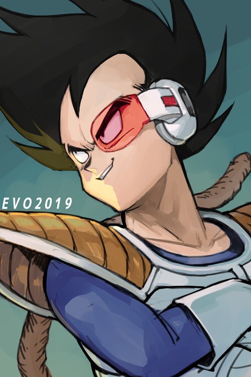 1boy 2019 armor backlighting black_eyes black_hair blue_background crossed_arms dragon_ball dragon_ball_z evil_grin evil_smile frown gloves gradient gradient_background grey_background grin hankuri head_tilt looking_away male_focus monkey_tail scouter simple_background smile spiked_hair tail teeth text_focus upper_body vegeta white_gloves