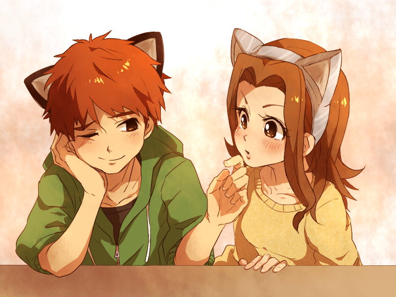 1boy 1girl animal_ears blush brown_eyes brown_hair cat_ears closed_mouth commentary_request digimon digimon_adventure eye_contact hetero izumi_koushirou long_hair looking_at_another mimxxpk shirt simple_background tachikawa_mimi