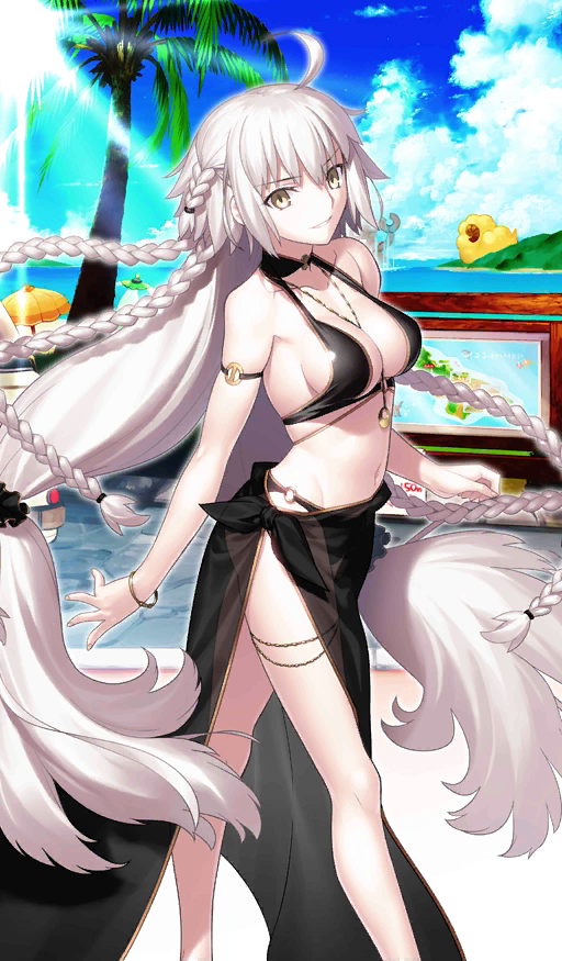 1girl ahoge arm_strap beach_umbrella between_breasts bikini black_bikini black_sarong blue_sky bracelet breasts cleavage cloud collarbone craft_essence day fate/grand_order fate_(series) head_tilt heroic_spirit_festival_outfit jeanne_d'arc_(alter_swimsuit_berserker) jeanne_d'arc_(fate)_(all) jewelry large_breasts long_hair looking_at_viewer low-tied_long_hair low_twintails necklace ocean official_art pale_skin palm_tree quad_braids sarong side_braids silver_hair sky solo sunlight swimsuit takeuchi_takashi tree twintails umbrella very_long_hair yellow_eyes