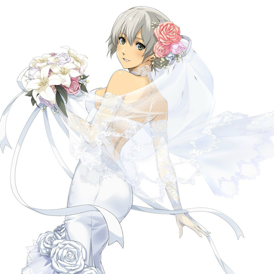 1girl akatsuki_no_kiseki alternate_costume alternate_hair_length alternate_hairstyle ao_no_kiseki back backless_dress backless_outfit bare_shoulders bouquet breasts bridal_gauntlets bridal_veil cowboy_shot dress eiyuu_densetsu elie_macdowell flower gloves grey_eyes hair_flower hair_ornament looking_at_viewer looking_back medium_breasts official_art see-through short_hair sideboob silver_hair simple_background smile solo veil wedding_dress white_background white_dress white_gloves zero_no_kiseki