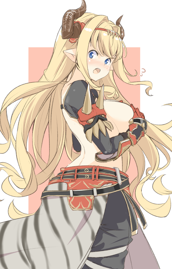 1girl bangs blonde_hair blue_eyes blush breasts cowboy_shot draph flying_sweatdrops from_behind from_side gauntlets granblue_fantasy horns kichihachi large_breasts long_hair looking_at_viewer ogre_(granblue_fantasy) open_mouth pointy_ears rastina sideboob simple_background solo topless very_long_hair