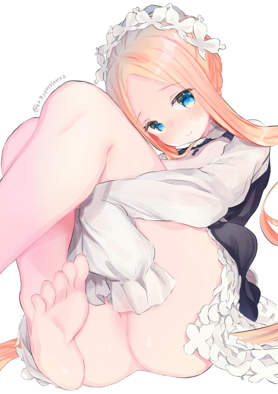 1girl abigail_williams_(fate/grand_order) ass bangs black_skirt blonde_hair blue_eyes blush braid breasts closed_mouth dress fate/grand_order fate_(series) feet forehead french_braid heroic_spirit_festival_outfit highres kanro_ame_(ameko) keyhole legs legs_up long_hair long_sleeves looking_at_viewer maid_headdress no_panties parted_bangs sidelocks simple_background sitting skirt sleeves_past_fingers sleeves_past_wrists small_breasts smile soles solo thighs toes very_long_hair white_background white_dress
