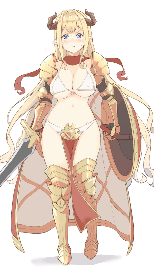 1girl armor bangs bikini_armor blonde_hair blue_eyes blush breasts commentary draph full_body granblue_fantasy kichihachi large_breasts long_hair navel open_mouth pelvic_curtain pointy_ears rastina shield simple_background solo sparta_(granblue_fantasy) sword very_long_hair weapon