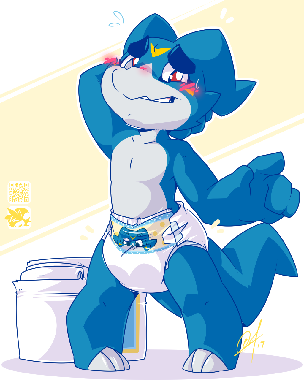 anthro blue_skin blush diaper digimon digimon_(species) hi_res lilchu looking_at_viewer male red_eyes shy solo standing veemon