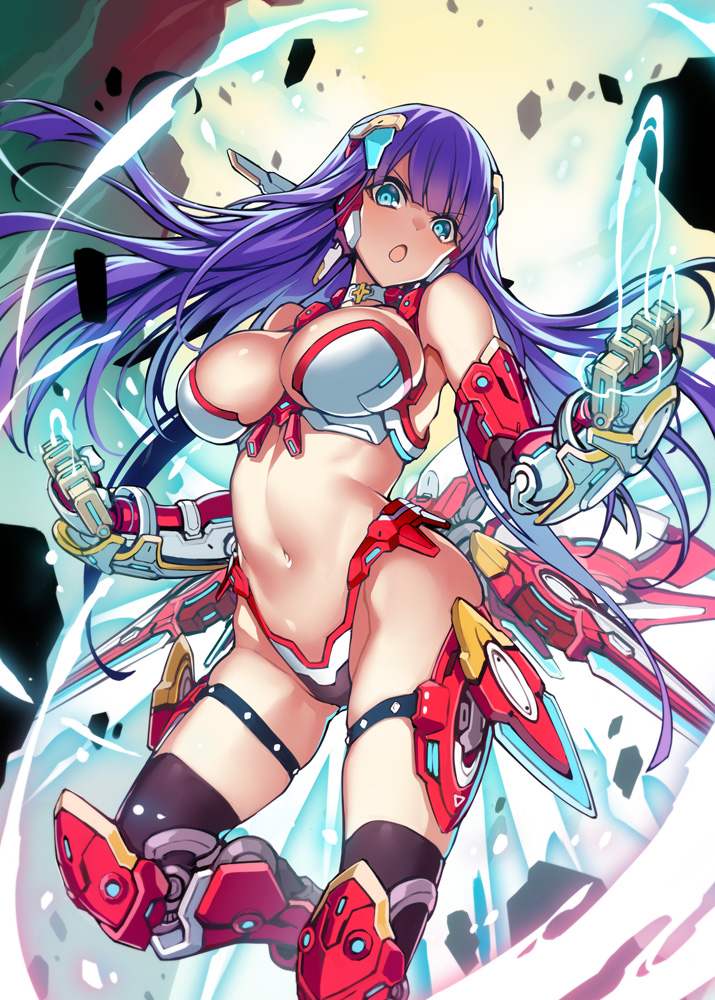 1girl aerial_drive bangs bikini blue_eyes blunt_bangs breasts center_opening cleavage fate/grand_order fate_(series) gauntlets gloves headgear highleg highleg_bikini kodama_yuu large_breasts long_hair looking_at_viewer mecha_musume navel purple_hair saint_martha solo swimsuit thigh_strap thighhighs thighs white_bikini