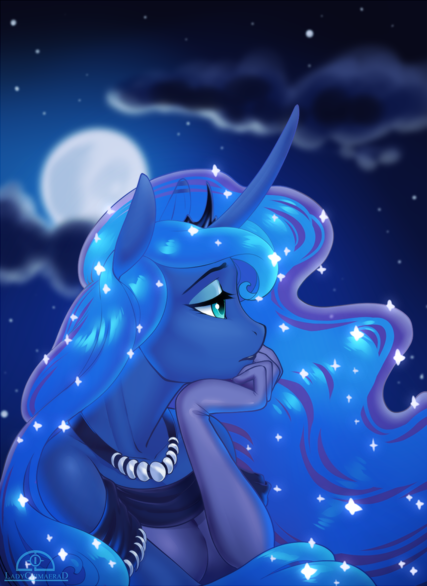 anthro anthrofied armwear blue_eyes blue_eyeshadow blue_hair blue_theme clothing cloud crown dress elbow_gloves equid eyeshadow female friendship_is_magic full_moon gloves hair handwear horn jewelry ladychimaera ladychimaerad makeup mammal moon my_little_pony necklace princess_luna_(mlp) sad solo sparkles star tiara unicorn