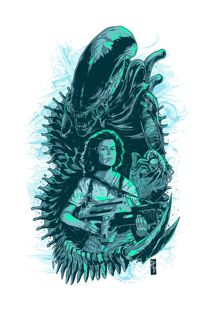 alien alien_(franchise) ellen_ripley gun harrymovieart human mammal movie_poster ranged_weapon simple_background weapon white_background xenomorph