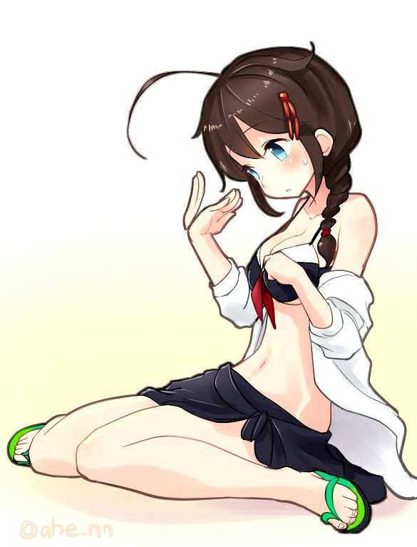 1girl :o adapted_costume afterimage ahenn ahoge bikini bikini_under_clothes black_bikini black_hair black_sarong blue_eyes blush braid breasts brown_hair cleavage commentary_request fanning fanning_face fanning_self full_body green_footwear hair_flaps hair_over_shoulder jacket kantai_collection long_hair looking_down medium_breasts navel off_shoulder open_clothes open_jacket parted_lips remodel_(kantai_collection) sandals sarong shigure_(kantai_collection) sidelocks simple_background single_braid sitting solo swimsuit twitter_username wariza white_background white_jacket