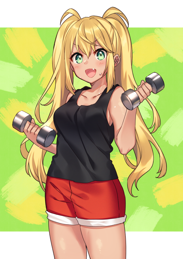 1girl :d bare_arms bare_shoulders black_shirt blonde_hair blush breasts collarbone commentary_request cowboy_shot danberu_nan_kiro_moteru? dumbbell fang green_eyes holding long_hair looking_at_viewer medium_breasts moyui_(myi_005) open_mouth red_shorts sakura_hibiki_(danberu_nan_kiro_moteru?) shirt short_shorts shorts sidelocks sleeveless sleeveless_shirt smile solo sweat tank_top twintails v-shaped_eyebrows
