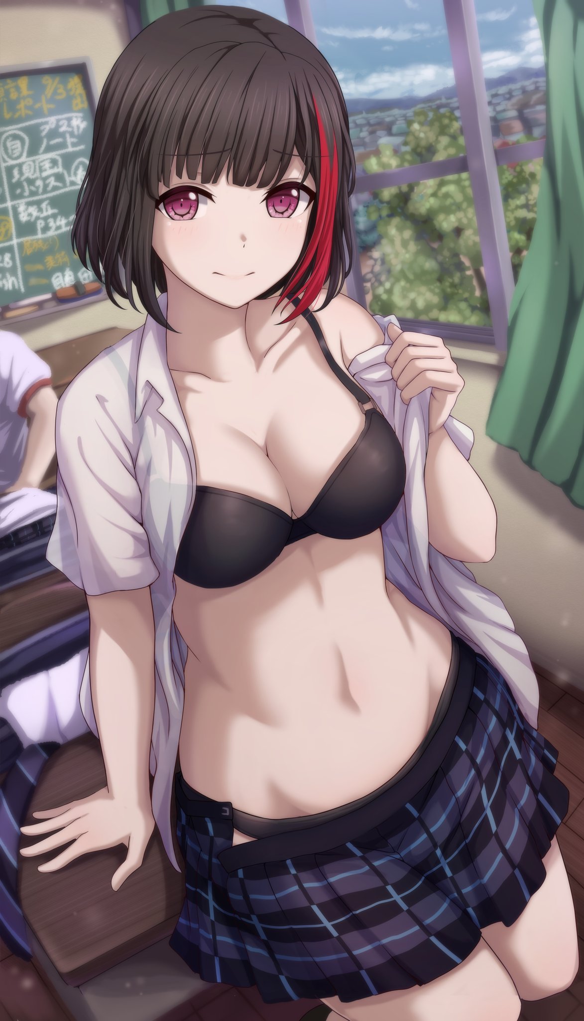 arm_support bang_dream! bangs black_bra black_hair black_panties blue_skirt blurry bra breasts chalkboard classroom cleavage closed_mouth collarbone collared_shirt commentary_request depth_of_field desk eyebrows_visible_through_hair highlights highres indoors looking_at_viewer medium_breasts midriff mitake_ran multicolored_hair multiple_girls narafume on_desk open_clothes open_shirt open_skirt out_of_frame panties pleated_skirt purple_eyes raised_eyebrows see-through shirt shirt_pull short_hair short_sleeves sitting sitting_on_desk skirt smile solo_focus stomach underwear white_shirt