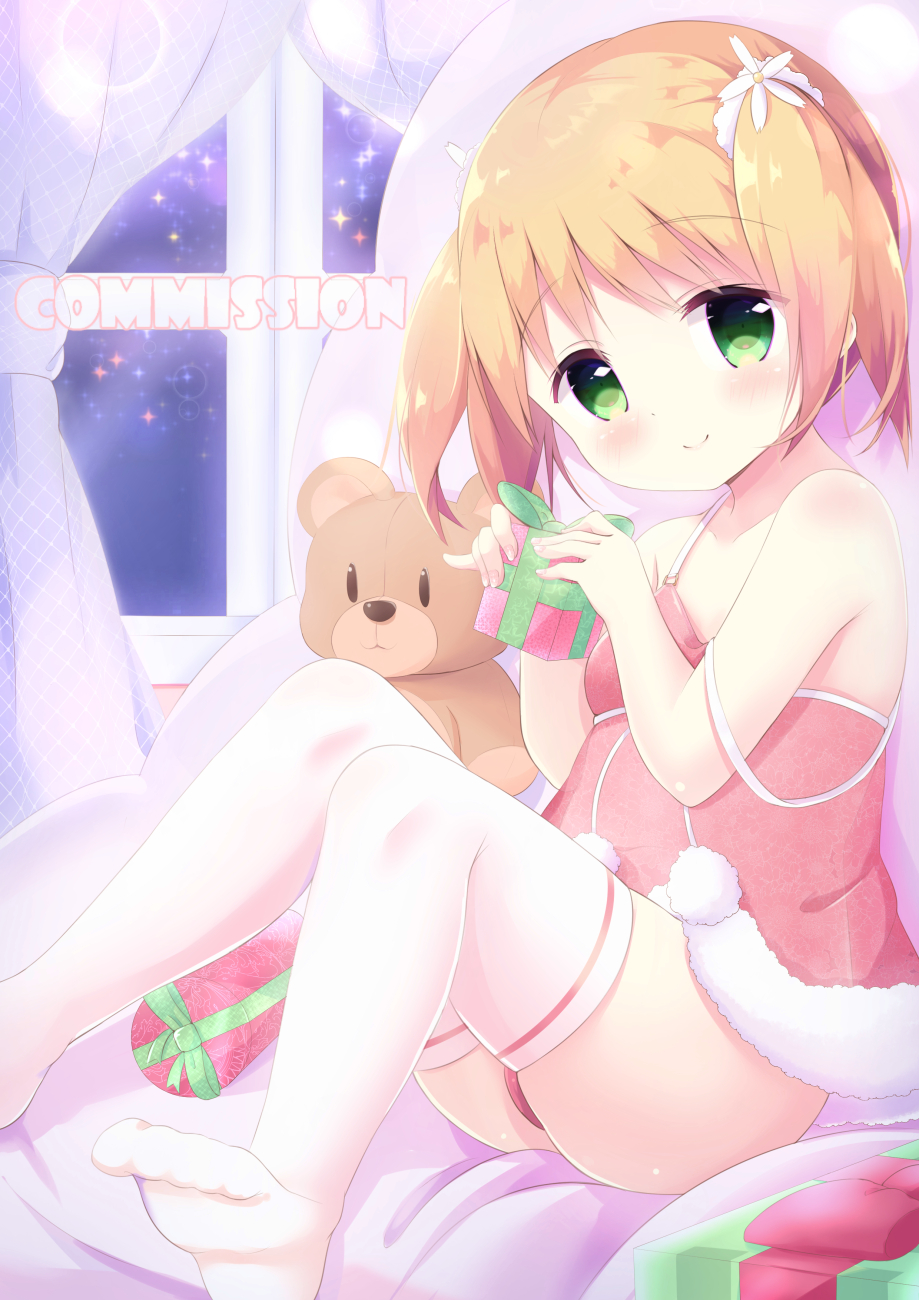1girl bare_shoulders blush breasts brown_hair closed_mouth commentary commission curtains english_commentary fingernails flower fur_trim gift hair_flower hair_ornament hands_up highres holding holding_gift indoors kittipat_jituatakul knees_up looking_at_viewer panties red_camisole red_panties sakura_trick sitting small_breasts smile solo sonoda_yuu sparkle strap_slip stuffed_animal stuffed_toy teddy_bear thighhighs twintails underwear underwear_only white_flower white_legwear window