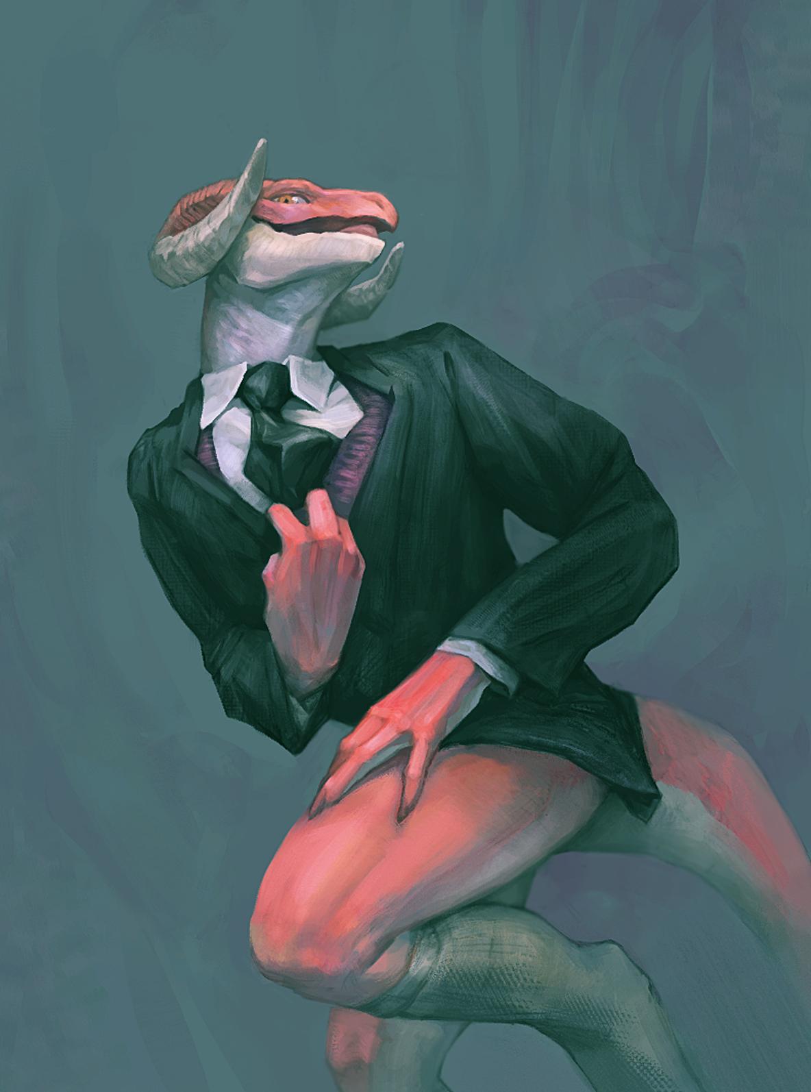 2019 :d abstract_background anthro bedroom_eyes black_clothing black_tie_(suit) black_topwear blush bottomless business_dress clothed clothing countershade_face countershade_tail countershading crossdressing digital_media_(artwork) digital_painting_(artwork) dress_shirt footwear half-closed_eyes hand_on_leg hand_on_thigh hi_res horn ineffective_clothing klongi legs_raised legwear looking_down lust male naughty_face no_underwear on_one_leg open_mouth partially_clothed portrait purple_clothing purple_topwear red_scales reptile scales scalie seductive shirt shirt_pull smaller_version_at_source solo standing stockings suit three-quarter_portrait topwear white_clothing white_countershading white_footwear white_legwear white_scales white_topwear