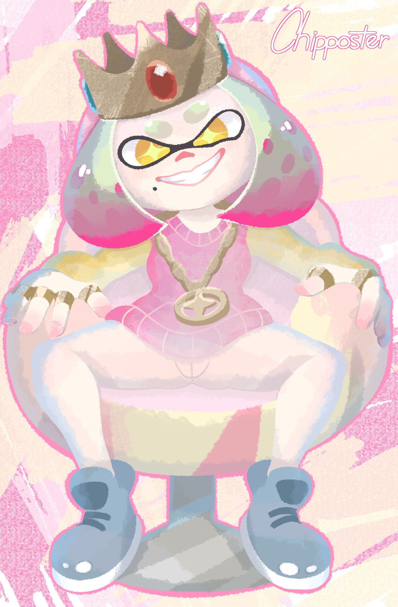 aori_(splatoon) artist_name bottomless chair chipposter clothed clothing crown eyebrows female female_focus female_only fingerless_gloves going_commando hair highres jewelry long_sleeves looking_at_viewer mole mole_under_mouth necklace nintendo no_panties orange_eyes pearl_(splatoon) pk64d presenting presenting_pussy pussy shoes short_hair sitting smile splatoon splatoon_(series) splatoon_2 splatoon_2:_octo_expansion sweater teeth tentacle_hair vagina