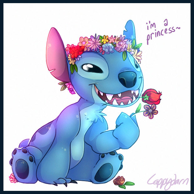 1:1 2013 4_toes alien back_markings black_border black_eyes blue_claws blue_fur blue_nose blue_pawpads border cappydarn chest_tuft claws digital_media_(artwork) disney english_text experiment_(lilo_and_stitch) flower flower_crown fur holding_flower holding_object lilo_and_stitch markings notched_ear open_mouth open_smile pawpads plant rose_(flower) signature sitting small_tail smile solo stitch_(lilo_and_stitch) text toes tuft