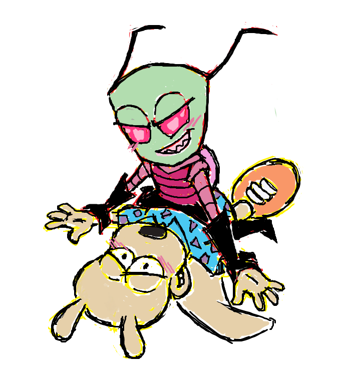 2019 alien blush clothed clothing crossover digital_media_(artwork) domination duo foreplay invader_zim irken macropod male male/male male_domination mammal marsupial mount nickelodeon pin_down rocko's_modern_life rocko_rama simple_background smile straddling submissive_male wallaby zim