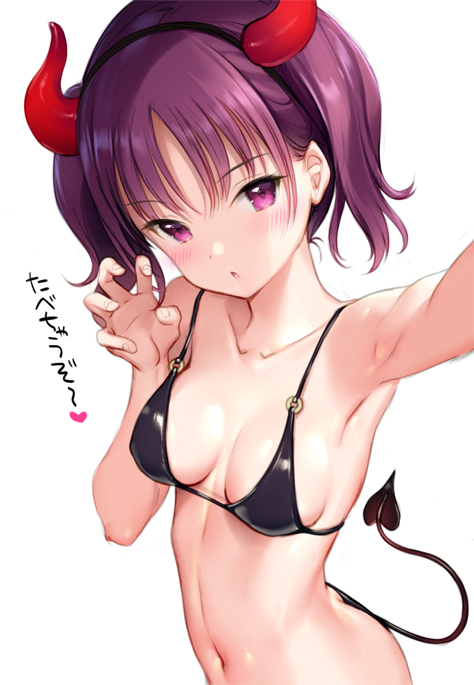 1girl :o arm_up armpits bangs bikini black_bikini black_bikini_bottom black_bikini_top black_hairband blush breasts butt_crack claw_pose cleavage collarbone covered_nipples demon_horns demon_tail dot_nose eyebrows_visible_through_hair fake_horns fake_tail from_above hairband hand_up head_tilt horns kazuno_leah looking_at_viewer looking_up love_live! love_live!_sunshine!! medium_breasts mignon navel o-ring o-ring_bikini o-ring_top outstretched_arm parted_bangs purple_eyes purple_hair self_shot shiny shiny_clothes shiny_skin short_hair simple_background solo standing stomach strap_gap string_bikini swimsuit tail taking_picture translation_request twintails upper_body white_background