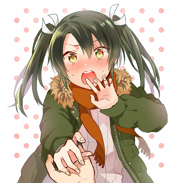 1boy 1girl :o admiral_(kantai_collection) alternate_costume anbutter_siruko blush fur-trimmed_jacket fur_trim green_hair green_jacket hair_between_eyes hair_ribbon holding_hands jacket jewelry kantai_collection orange_scarf ribbed_sweater ribbon ring scarf solo_focus sweater twintails upper_body wedding_band white_ribbon zuikaku_(kantai_collection)