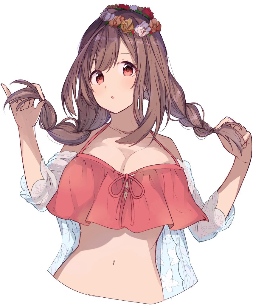 1girl :o bare_shoulders braid breasts brown_hair cleavage commentary_request cropped_torso flower halter_top halterneck hands_up hanetsuka head_wreath holding holding_hair idolmaster idolmaster_shiny_colors large_breasts long_hair looking_at_viewer navel off_shoulder parted_lips red_eyes rose simple_background solo tsukioka_kogane twintails white_background