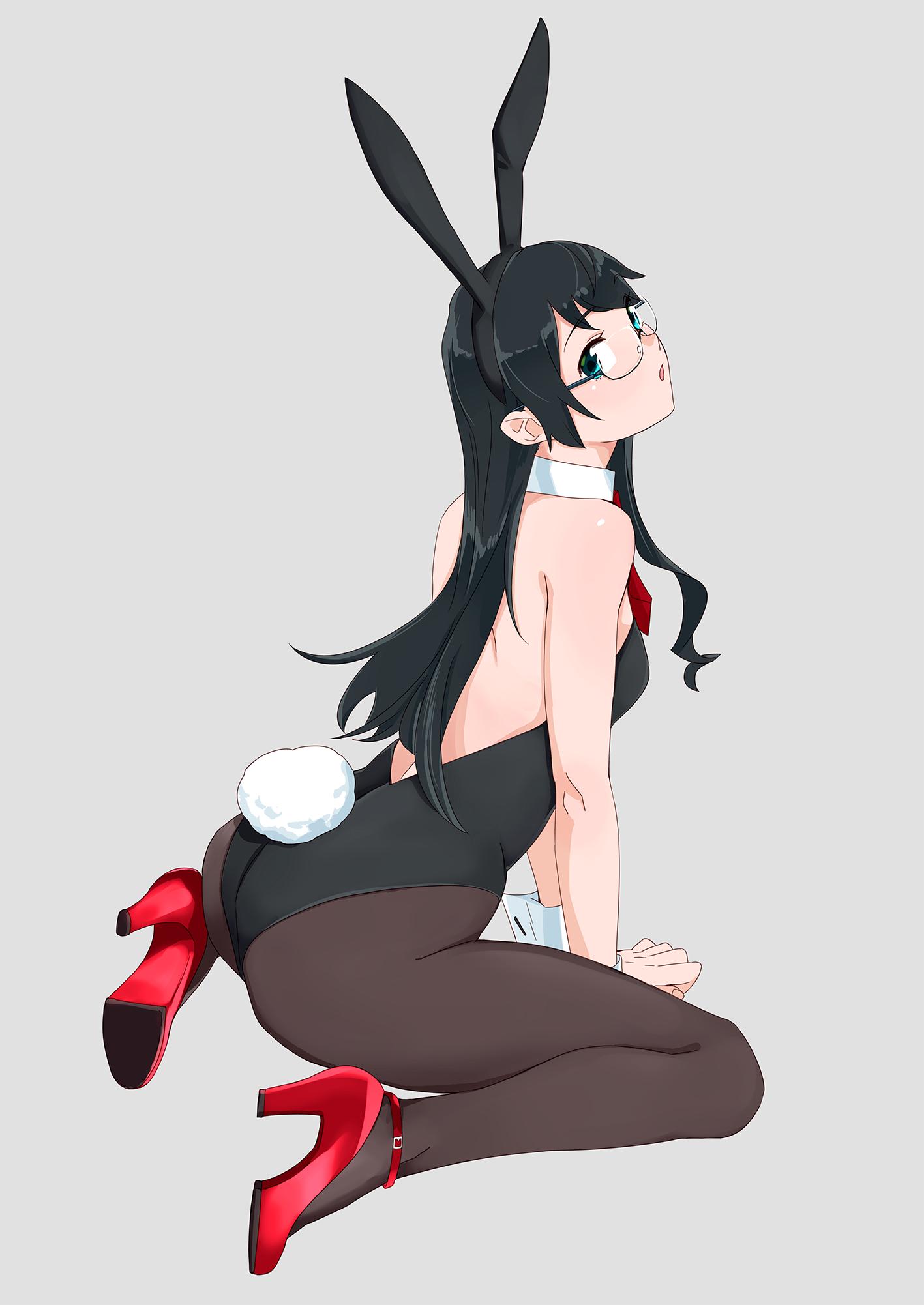1girl :o animal_ears ass back bangs bare_shoulders black_hair black_leotard blue_eyes breasts brown_legwear bunny_ears bunny_girl bunny_tail bunnysuit commentary_request detached_collar eyebrows_visible_through_hair fake_animal_ears full_body glasses hairband high_heels highres kantai_collection leotard long_hair looking_at_viewer ojipon ooyodo_(kantai_collection) pantyhose parted_lips semi-rimless_eyewear simple_background sitting small_breasts solo strapless strapless_leotard tail thighs under-rim_eyewear wariza wrist_cuffs