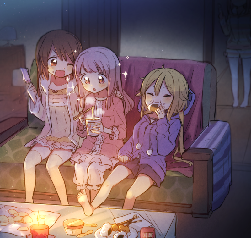 4girls :o ;d bangs barefoot blonde_hair bloomers blush boyano breasts brown_eyes brown_hair burning candle candlelight character_request chips chopsticks closed_eyes couch cup_noodle drawstring dress eating eyebrows_visible_through_hair fire food food_on_face hair_between_eyes hand_on_another's_shoulder holding holding_chopsticks holding_food hood hood_down hooded_jacket ice_cream indoors jacket long_hair long_sleeves magia_record:_mahou_shoujo_madoka_magica_gaiden mahou_shoujo_madoka_magica medium_breasts multiple_girls on_couch one_eye_closed onigiri open_clothes open_jacket open_mouth parted_lips pink_dress pocky potato_chips purple_jacket purple_shorts red_eyes rice rice_on_face short_shorts shorts sitting smile sparkle standing table twintails underwear very_long_hair white_bloomers white_shorts wooden_floor