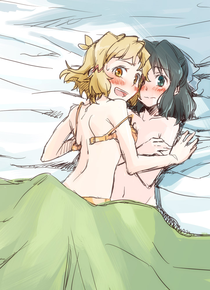 2girls arm_support black_hair blonde_hair blush bra covering covering_chest green_eyes groin kohinata_miku looking_at_viewer multiple_girls navel nude open_bra open_mouth panties senki_zesshou_symphogear short_hair sketch strap_slip tachibana_hibiki_(symphogear) tsuta_no_ha under_covers underwear yellow_bra yellow_panties yuri