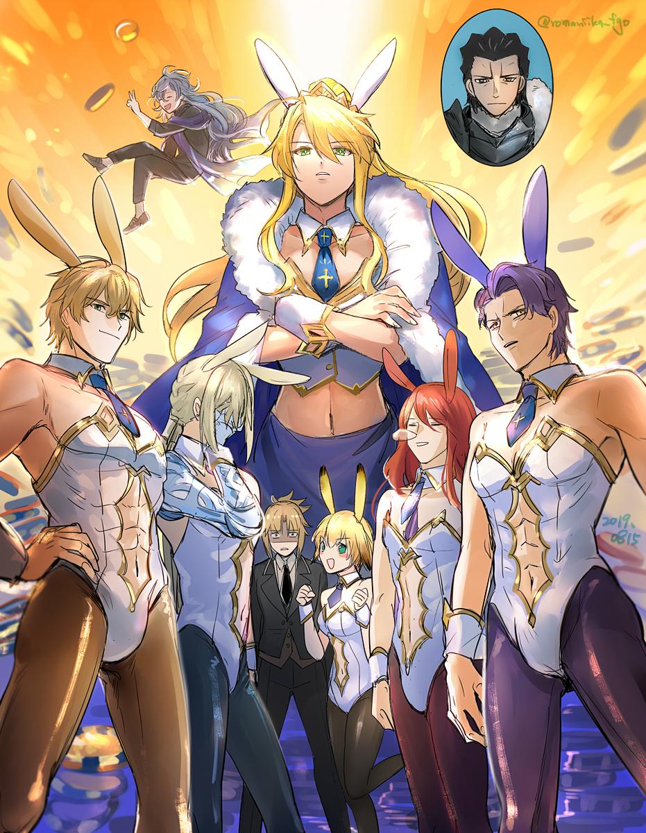 3girls 6+boys agravain_(fate/grand_order) aki_(neyuki41028) alternate_costume animal_ears armor artoria_pendragon_(all) artoria_pendragon_(lancer) bare_shoulders bedivere black_armor black_suit blonde_hair breasts bunny_ears bunnysuit cape closed_mouth collarbone commentary_request crossdressing crown earrings eyebrows_visible_through_hair fate/grand_order fate_(series) formal gareth_(fate/grand_order) gawain_(fate/grand_order) green_eyes hair_between_eyes hair_tubes heroic_spirit_formal_dress highres jewelry knight knights_of_the_round_table_(fate) lancelot_(fate/grand_order) long_hair looking_at_viewer merlin_(fate) mordred_(fate) mordred_(fate)_(all) multiple_boys multiple_girls navel necktie nose_bubble open_mouth pantyhose ponytail prosthesis prosthetic_arm purple_hair red_hair scarf short_hair sleeping small_breasts smile suit teeth tristan_(fate/grand_order) twitter_username yellow_eyes