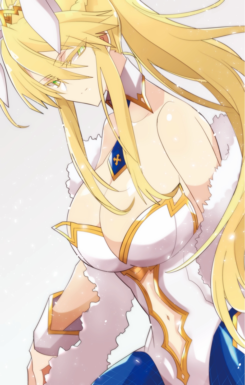 1girl animal_ears artoria_pendragon_(all) bare_shoulders blonde_hair blue_legwear braid breasts bunny_ears bunnysuit cleavage colored_eyelashes cross detached_collar expressionless fate/grand_order fate_(series) fishnet_pantyhose fishnets green_eyes grey_background highres large_breasts leotard long_hair looking_to_the_side midriff navel navel_cutout necktie nogi_(acclima) pantyhose ponytail shawl sidelocks simple_background solo very_long_hair wrist_cuffs