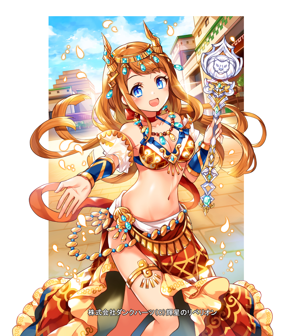 1girl bangs bikini_top blue_eyes blue_sky bracer breasts building choker eyebrows_visible_through_hair headdress holding holding_wand hoshi_no_rebellion long_hair looking_at_viewer medium_breasts navel official_art open_mouth outstretched_arm red_hair ririkuto sky swept_bangs thighlet wand