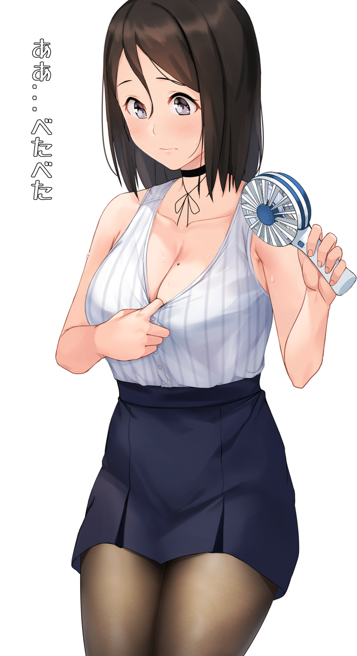 1girl black_hair breasts choker cleavage commentary deneb_(noble324) fan fanning_self highres holding hot large_breasts medium_hair mole mole_on_breast original pantyhose shirt_tug sleeveless solo sweat translated white_background