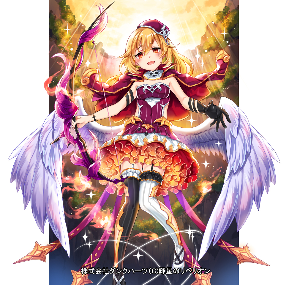 1girl arm_strap black_gloves blonde_hair blush bow_(weapon) capelet dress frilled_dress frills garter_straps gloves hat hoshi_no_rebellion light_rays long_hair looking_at_viewer low_wings mismatched_legwear official_art open_mouth red_eyes ririkuto single_glove solo strapless strapless_dress thighhighs weapon white_wings wings