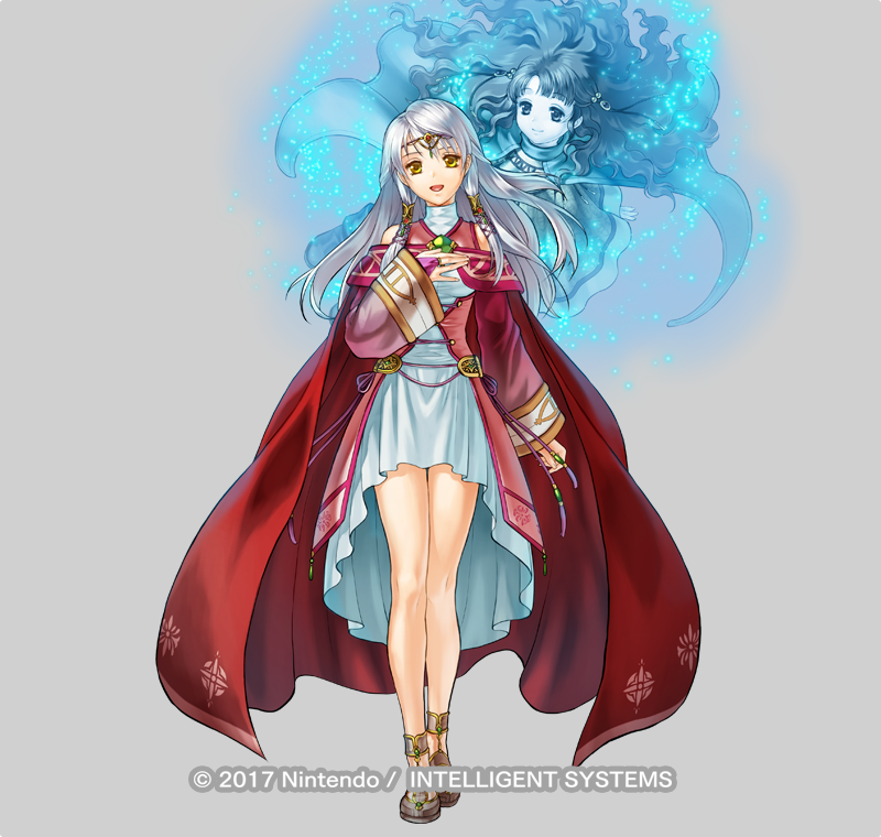 2girls cape circlet copyright_name curly_hair dress fire_emblem fire_emblem:_radiant_dawn fire_emblem_heroes full_body grey_background kita_senri long_hair micaiah multiple_girls official_art open_mouth sandals solo white_hair yellow_eyes yune