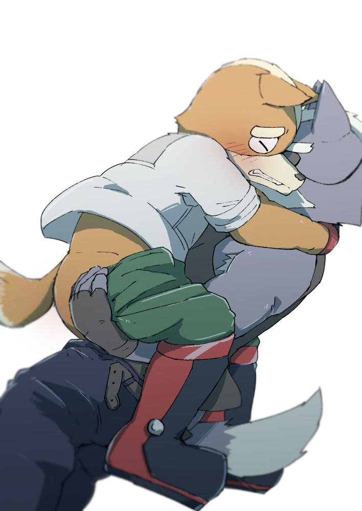 2017 anal anal_penetration anthro blush canid canine canis clothed clothing duo fox fox_mccloud fully_clothed kemono male male/male male_penetrating mammal nintendo odaibako penetration sex shinki_k simple_background stand_and_carry_position standing standing_sex star_fox video_games white_background wolf wolf_o'donnell