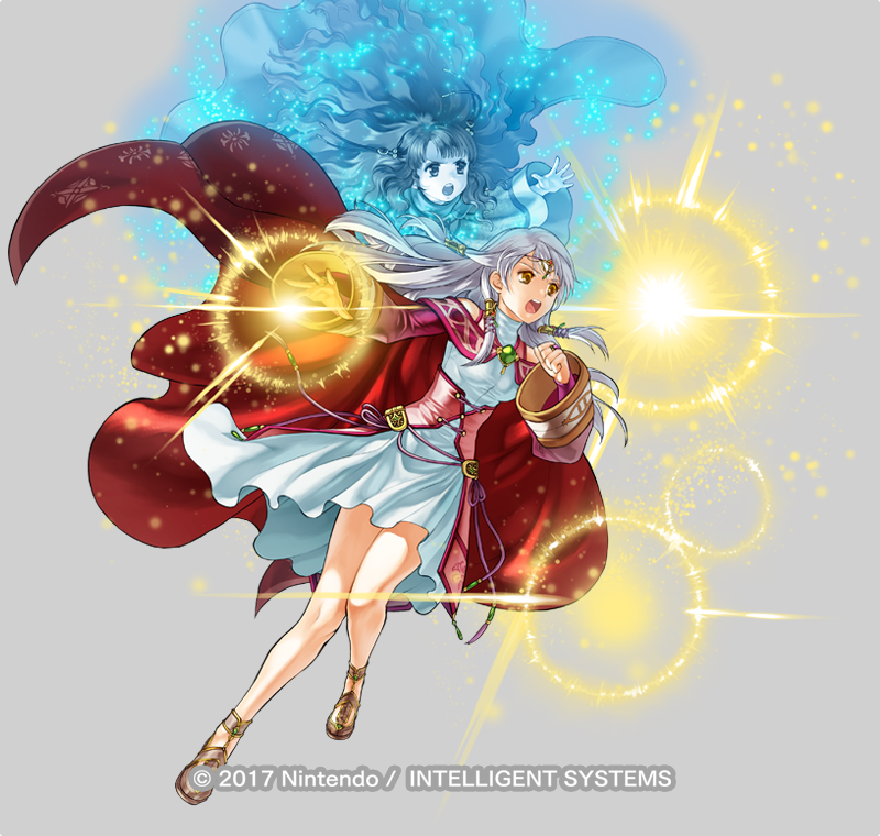 2girls cape circlet copyright_name curly_hair dress fire_emblem fire_emblem:_radiant_dawn fire_emblem_heroes full_body grey_background kita_senri long_hair magic micaiah multiple_girls official_art open_mouth sandals teeth white_hair yellow_eyes yune