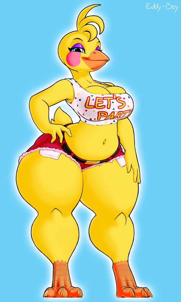 anthro avian bird chica_(fnaf) clothed clothing eddy-boy female five_nights_at_freddy's looking_at_viewer makeup slightly_chubby smile solo standing thick_thighs video_games