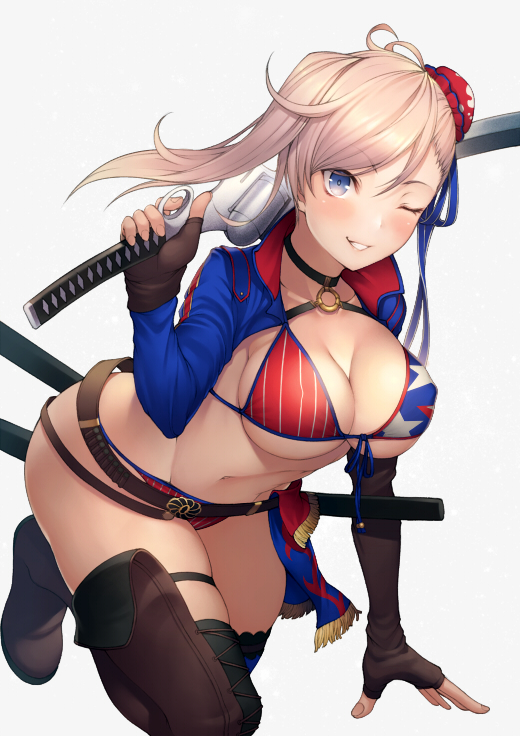 1girl american_flag_bikini asymmetrical_hair bangs banned_artist belt bikini blue_eyes blush boots breasts brown_gloves bun_cover choker cleavage collarbone fate/grand_order fate_(series) fingerless_gloves flag_print gloves gunblade hair_bun kyoeiki large_breasts long_hair looking_at_viewer miyamoto_musashi_(fate/grand_order) miyamoto_musashi_(swimsuit_berserker)_(fate) navel one_eye_closed parted_lips pink_hair simple_background smile solo swept_bangs swimsuit thigh_boots thigh_strap thighhighs thighs weapon white_background