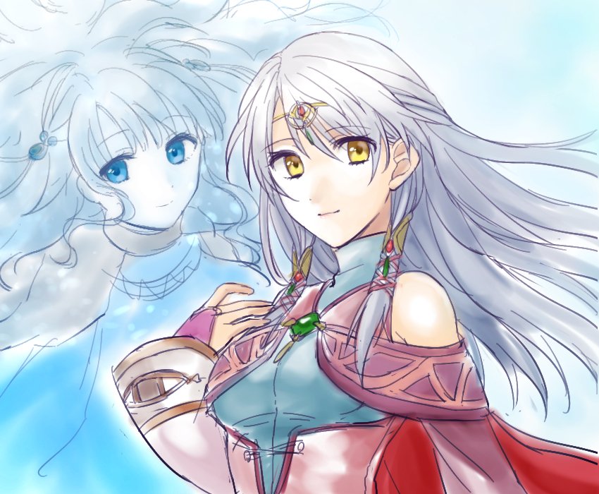 2girls bare_shoulders blue_eyes bracelet elbow_gloves fingerless_gloves fire_emblem fire_emblem:_radiant_dawn fire_emblem_heroes gem gloves hair_ribbon hazuki_(nyorosuke) jewelry micaiah multiple_girls open_mouth ribbon side_slit silver_hair sleeveless spoilers yellow_eyes yune