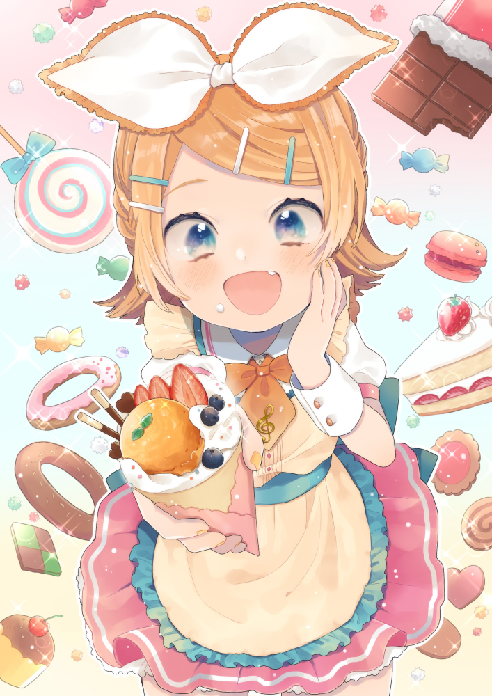 1girl :d apron biscuit blonde_hair blue_eyes blueberry bow cake candy chocolate_bar cookie crepe doughnut food frilled_apron frills fruit gradient gradient_background hair_bow hair_ornament hairclip hand_on_own_cheek hand_on_own_face hatsune_miku_graphy_collection ice_cream_cone juliet_sleeves kagamine_rin kouhara_yuyu lollipop long_sleeves macaron mini_necktie muffin official_art open_mouth pastel_colors pastry pocky puffy_sleeves short_hair short_sleeves smile solo sparkle strawberry treble_clef vocaloid wrist_cuffs yellow_nails